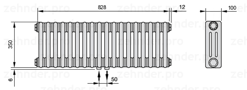 Схема (чертеж) Радиатор Zehnder Charleston 3035/18 №3470 Белый глянцевый RAL 9016